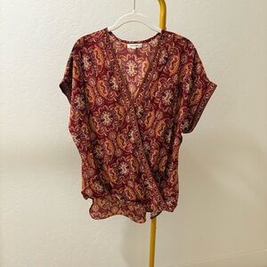 Max Studio Paisley Wrap Top - Burgundy and Gold